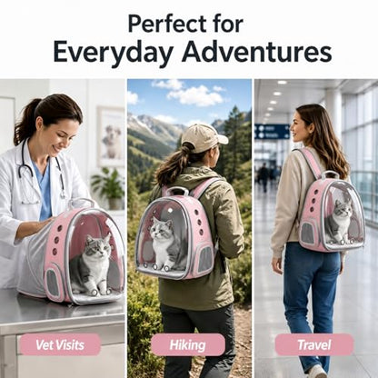 Expandable Cat Carrier Backpack with Bubble Window, Pink | Breathable mesh, anti-collapse frame, side door, safety leash and escape-resistant zippers for vet visits and outdoor travel. - color: Pink