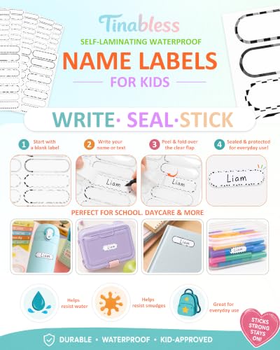Tinabless 480 Pcs Waterproof Name Labels for Kids, Black & White | 480 Black And White Waterproof Name Labels For Kids' Bottles, Lunch Boxes, Water Bottles And School Supplies. - color: Black & White-480pcs