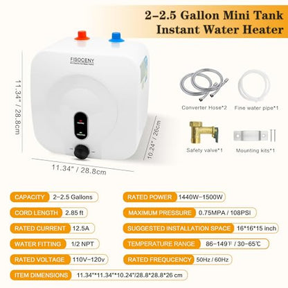2.5 Gallon Mini Tank Water Heater Under Sink Hot Water 1500W 120V Water Heaters for RV Kitchen RV 1/2”NPT Stainless Steel Hose 3-way Fitting White - color: White, size: 2.5 gallon