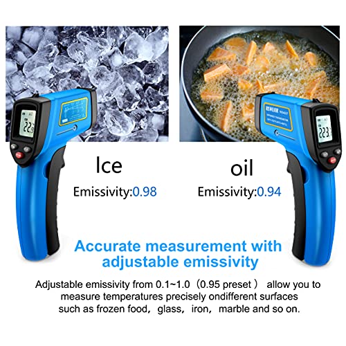 RISWOJOR Infrared Thermometer Cooking Digital Temperature Gun，Adjustable Emissivity &MAX/MIN/at/Cal Temp Gun; -58°F~752°F(-50°C～400°C) IR Laser Thermometer Gun for Industrial,Kitchen/Ovens/Grill
