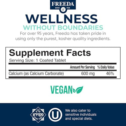 FREEDA Calcium 600mg Tablets for Bone, Joint & Teeth Support – 100 Count | Gluten-Free, Easy-to-Swallow Coated Tablets to Support Healthy Bones, Joints, Teeth, Muscle Function & Nerve Health