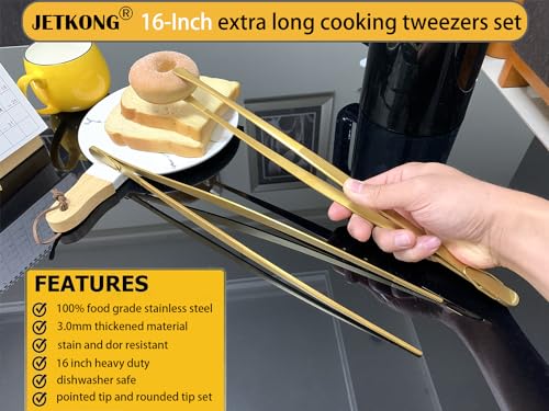 JETKONG 2 Pcs 16-Inch Heavy Duty Cooking Tweezers Extra Large Stainless Steel Food Tweezers Gaint Kitchen Tweezer Tongs (Gold) - color: Gold, size: 16+16 Inch