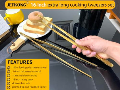 JETKONG 2 Pcs 16-Inch Heavy Duty Cooking Tweezers Extra Large Stainless Steel Food Tweezers Gaint Kitchen Tweezer Tongs (Gold) - color: Gold, size: 16+16 Inch