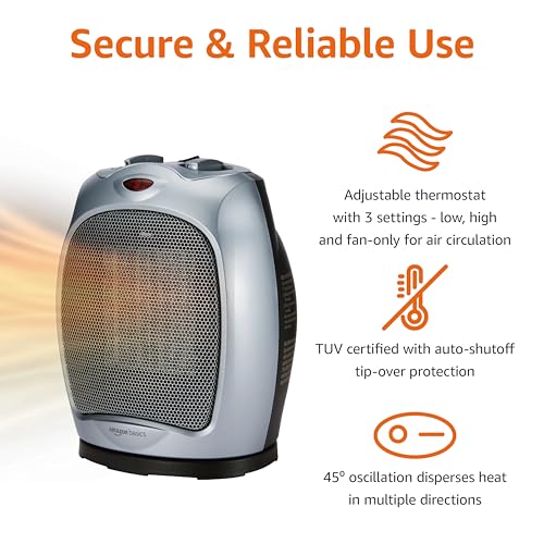 Amazon Basics Oscillating Ceramic Portable Indoor Space Heater, Fast Heating Technology, Overheat and Tip-Over Protection, Adjustable Thermostat, 1500W, 7.52"D x 6.34"W x 9.45"H, Silver - color: silver