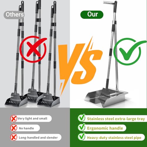Pooper Scooper for Large Dogs,Dog Pooper Scooper Heavy Duty Long Handle Metal Tray Rake Shovel Set,Extremely Durable Metal Stainless Steel Dustpan for No Bending Clean Up Yard Grass.
