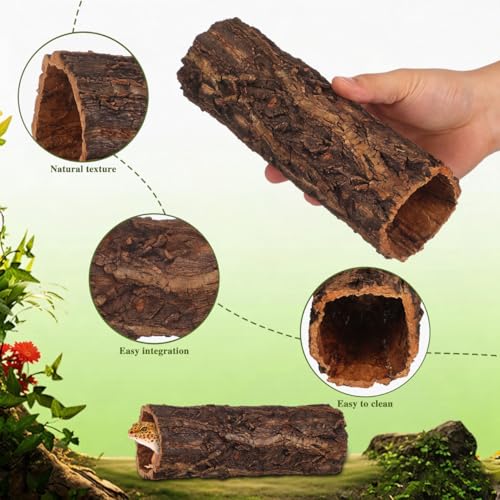 POPETPOP Reptile Hideout Cave with Hollow Tree Design, Natural Resin Material, Medium Size, Terrarium Habitat Shelter for Leopard Gecko, Lizard, Snake, Turtle, Hermit Crab | Round Cork Bark Tube, Wood Tree Trunk Shelter for Snakes, Lizards, Hermit Crabs,