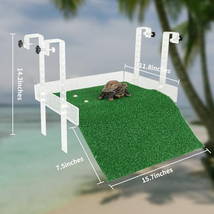 Hanging Turtle Basking Platform,with a Non-Slip Lawn That Covers Platform and Ramp,Adjustable,Fit for 15.6-19.5 Inches Width Tank,Essential for Turtle Tank Aquatic Turtles