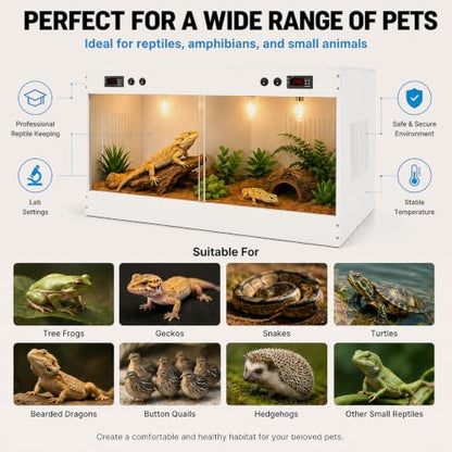 Reptile Tank PVC Enclosure with Dual-Zone Temp Control, White | Reptile Tank PVC Terrarium with Viewing Window, Ventilation Grilles, E27 Lamp Support, for Bearded Dragon Snake Turtle Gecko