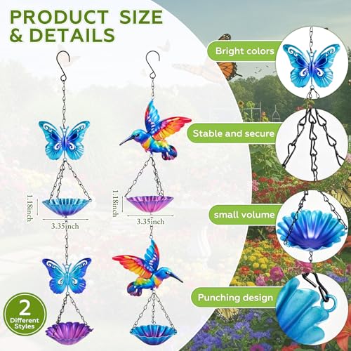 Tandefio 2 Pack Hanging Bee Watering Station, Butterfly Feeder, Flower Shaped Bowl Bee Metal Cups for Outdoor Garden Yard Decor, Pollinator Feeding Station 19.6 Inch (Butterfly & Hummingbird Style) - style: Butterfly & Hummingbird Style