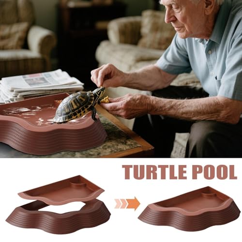 Reptile Pool Anti-Slip Tortoise Water Bowl with Ramp | Reptile Soaking Tray Bath Pool Basins for Gecko Snake Bearded Dragon - color: Brown, size: Large