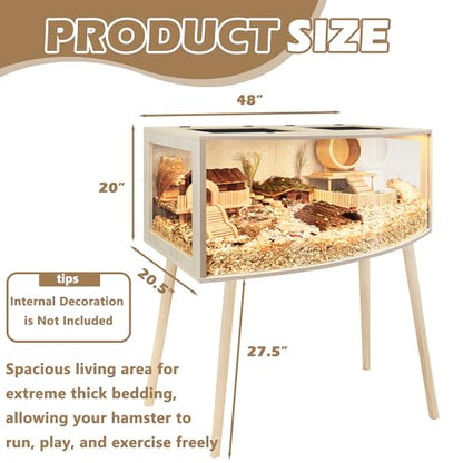 PROLEE Hamster Cage with Curved Design, Chew Proof Wooden Hamsters Enclosure with Leg Stand and Openable Top for Gerbils,Hamster Habitat, 48x20x20 Inch - size: 48.0"L x 20.0"W x 20.0"H