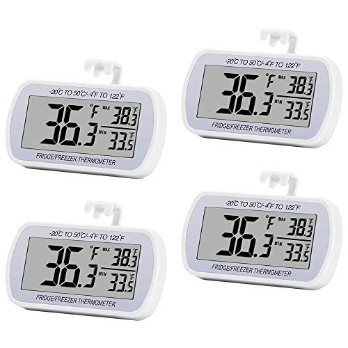 4 Pack Digital Refrigerator Thermometer Fridge Freezer Room Thermometer Waterproof Large LCD Display Max/Min Record Function, White
