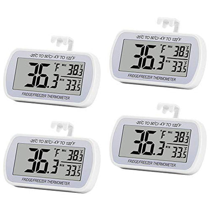 4 Pack Digital Refrigerator Thermometer Fridge Freezer Room Thermometer Waterproof Large LCD Display Max/Min Record Function, White