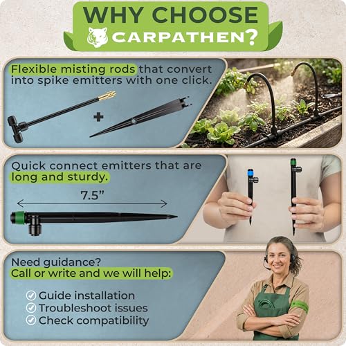 Drip Irrigation System Kit with Atomizing Copper Nozzles 100 feet | For Raised Beds or Greenhouse with 15 pcs 360° Atomizing Nozzles + 16 pcs Adjustable Drip Emitters + 5/16" and 1/4" Tubing - size: 15 Atomizing Nozzles + 16 Sprinklers + 100 feet