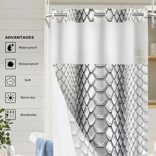 Gray Snake Scale No Hooks Shower Curtain with Snap in Liner Set, Glossy Hexagonal Pattern Tub Curtainn Mesh Top Window & Magnetic Hem Waterproof 35.5X74 Inch - color: Gray Snake Scale 1 Gray03, size: 35.4"W x 74"L (Pack of 1)