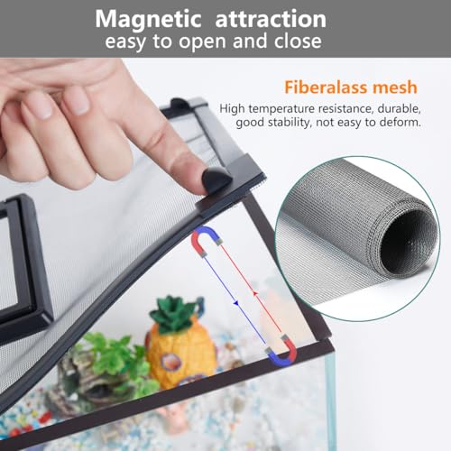 Magnetic Fish Tank Cover with Feeding Window Dark Grey Frame Grey Fiberglass Net,DIY Fish Tank Lid Adjustable Size Fit Tank Size Max 35''X19'' for Preventing Fish from Jumping Out and Reptile Escaping - color: Dark grey frame fiberglass net(with a small w