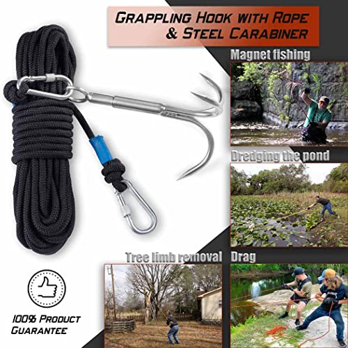 Grappling Hook with Rope-Includes Nylon Rope 6/8/10mm 50FT,Large Grapple Hook(Heavy Duty) and Double Carabiner,for Magnet Fishing/Drag/Tree Limb Removal - style: Max+2/5″rope-black