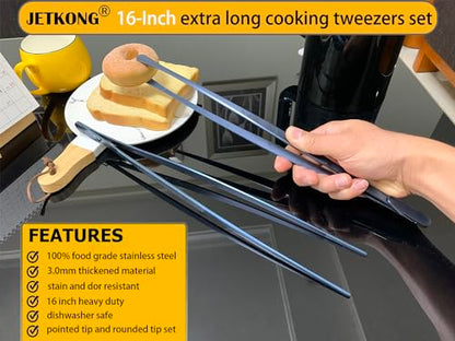 JETKONG 2 Pcs 16-Inch Heavy Duty Cooking Tweezers Extra Long Stainless Steel Kitchen Tweezers Large Plating Tongs (Navy Blue) - color: Navy Blue, size: 16+16 Inch