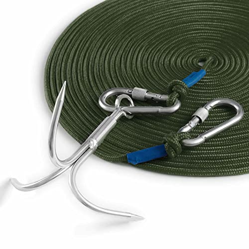 Grappling Hook with Rope-Includes Nylon Rope 6/8/10mm 50FT,Functional Grapple Hook and Double Carabiner,for Magnet Fishing/Drag/Tree Limb Removal - style: Big+1/3″rope-green
