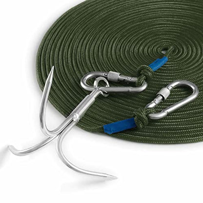 Grappling Hook with Rope-Includes Nylon Rope 6/8/10mm 50FT,Functional Grapple Hook and Double Carabiner,for Magnet Fishing/Drag/Tree Limb Removal - style: Big+1/3″rope-green