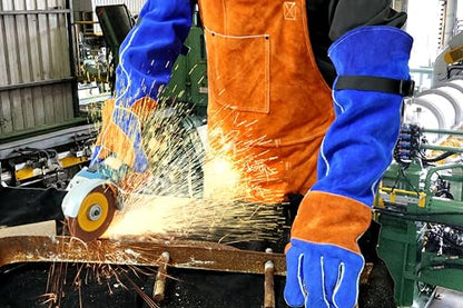 Long Leather Welding Gloves Animal Handling Scratch Bite Proof | 24 Inch Full arm coverage.Flame-retardant split leather shields against intense welding heat and animal bites. - color: Blue