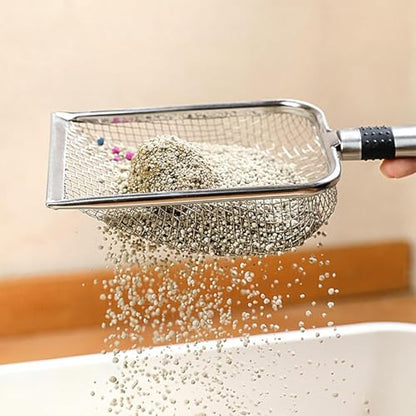 Integrated Metal Cat Litter Scoop, Stainless Steel Mesh Litter Scoop, Long Handle Cat Scooper, Poop Sifting Mesh Litter Deep Shovel, Cat Litter Scooper for Litter Box/Reptile Terrarium Sand Waste