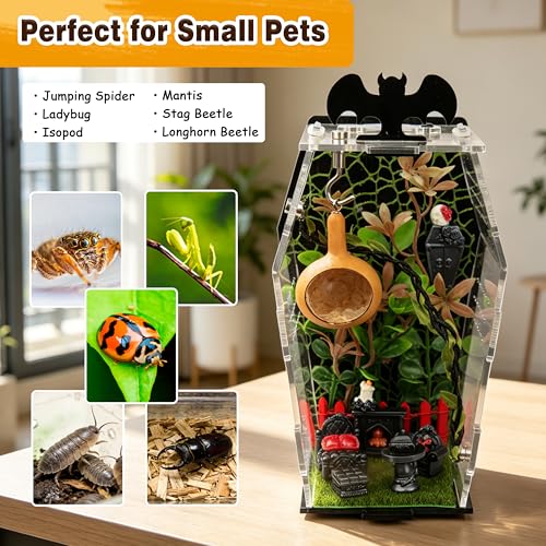 19PCS Jumping Spider Enclosure Kit, Acrylic Goth Coffin Terrarium with Magnetic Lock & Feeding Hole, DIY Decor Set for Tarantula Mantis Insect Habitat, Black Base
