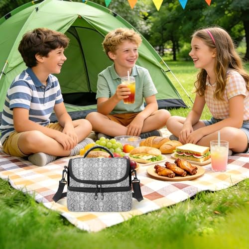 Snakeskin Grain Gray Insulated Lunch Tote Bag Organizer for Women | 8L Double Deck,Large Lunch Box with Shoulder Strap,Thermal Meal Prep,Suitable for Work School Picnic Office Travel