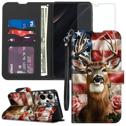 for Cricket Outlast 5G 2024 Wallet case with RFID Blocking Credit Card Holder Kickstand, Folio Flip PU Leather Shockproof Protective Cover for AT&T Motivate Pro 5G, Flag Deer - color: Flag Deer