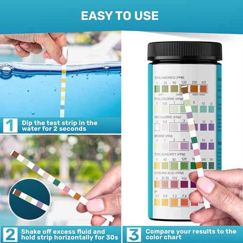 Pool Test Strips for Pools and Spas - 7 in 1 Water Test 200 Pack | Includes 200 pool test strips that measure chlorine, bromine, pH, alkalinity, hardness and cyanuric acid in 30 seconds. - style: 200 STRIPS - 7 IN 1 POOL TEST STRIPS