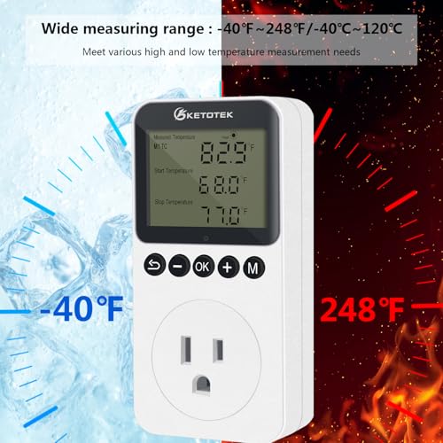 KETOTEK KT3200PRO Day Night Thermostat Temperature Controller Outlet | Digital Heating Cooling Temp Controller with Sensor Timer Regulator for Reptile Greenhouse Brewing Refrigerator