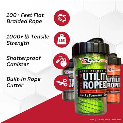 Rapid Rope Canister 120ft Olive Green Flat Tactical Paracord, Made in USA, 1100lb Tested Heavy Duty Poly Rope Test Cord, Non-Tangle Dispenser Included - Hiking, Camping, Survival, Utility - size: 120ft, style: Olive Green