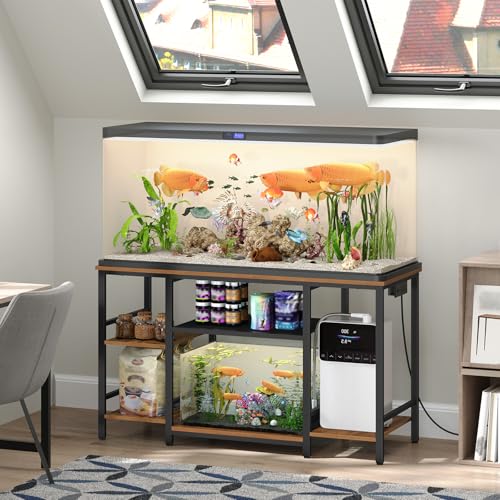 MAHANCRIS 55-75 Gallon Fish Tank Stand with Power Outlet, 3-Tier Metal Frame Aquarium Stand, Heavy Duty Reptile Terrarium Tank Stand, 52.0"L x 19.7"W x 29.9"H, 800 LBS Capacity, Rustic Brown FTHR55E01 - color: Rustic Brown