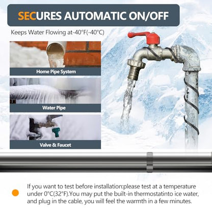 24FT Heating Cable for Metal and Plastic Home Pipes, Energy-efficient | Heat Tape for Water Pipes, Pipe Freeze Protection, Keeps Water Flowing at -40℉, 120V (24FT) - size: 24FT