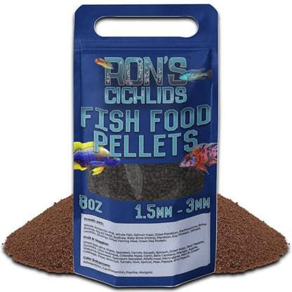 RON'S CICHLIDS African Cichlid Fish Food, Premium Tropical Fish Food Pellets with Protein, Veggies & Fruits for Healthier, Brighter & Bigger Tropical Fish & Cleaner Tanks, Mbuna Blend, 8 OZ - size: 8 Ounce (Pack of 1)