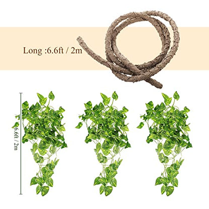 Canlierr 4 Pcs Reptile Vines, Flexible Bendable Jungle Climbing Vine Terrarium, Fake Plants for Reptiles, Artificial Leaves Terrarium Tank Pet Habitat Decor for Bearded Dragons, Lizard, Snake, Gecko