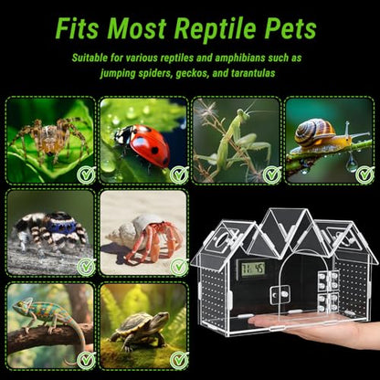 Jumping Spider Enclosure with Built-in Hygrometer Thermometer, 9.5"x4"x6.7" Acrylic Reptile Terrarium, Magnetic Front Door Habitat Tank for Tarantulas, Snails, Isopods, Insects