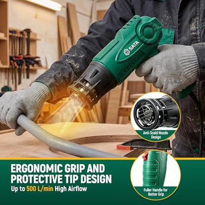 SATA Heat Gun with LCD Display, Variable Temperature 120℉-1200℉ Hot Air Gun with Memory Function and One-Touch Cooling for Vinyl Wrap, Paint Remover, Heat Shrink and Crafts, Anti-Scald Air Nozzle