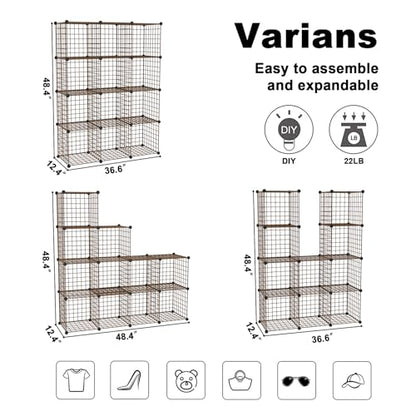 C&AHOME Wire Cube Storage, 12 - Cube Organizer Metal C Grids, Closet, Brown | Modular Shelves Units Storage Bins Shelving Bookshelf Shelf Cabinet - color: Brown