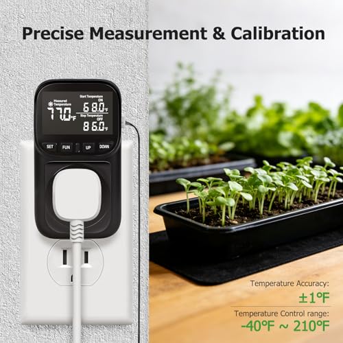 Reptile Thermostat Temperature Controller, Digital Timer Outlet for Greenhouse, Reptile Tank, Heat Pad, Seedlings, Fermentation, Brewing, Cyclic Timing/Countdown, 15A/1800W, VA Display - color: Black, size: Black