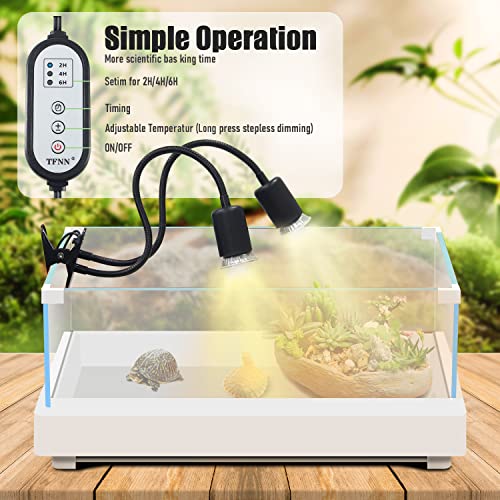 TFNN Reptile Heat Lamp, Double-Head Heat Lamp with Clamp, UVA UVB Reptile Light with Intelligent Cycle Timer for Turtle, Bearded Dragon, Lizard and More, 2 Bulbs 25W+50W