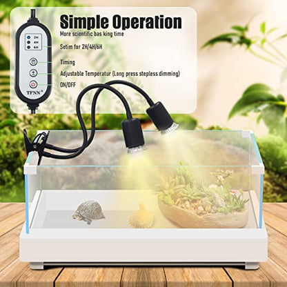 TFNN Reptile Heat Lamp, Double-Head Heat Lamp with Clamp, UVA UVB Reptile Light with Intelligent Cycle Timer for Turtle, Bearded Dragon, Lizard and More, 2 Bulbs 25W+50W