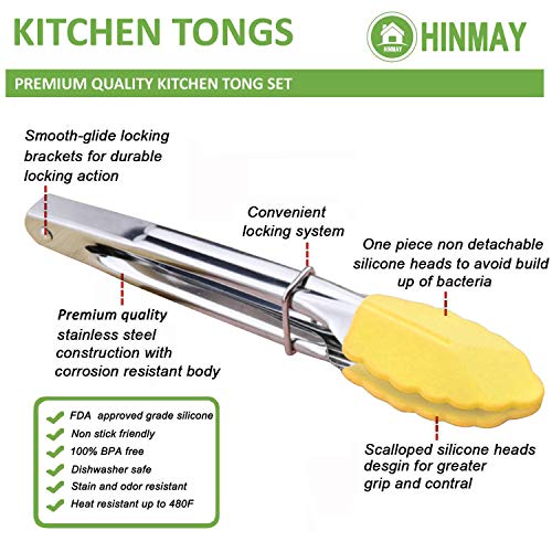 HINMAY 7-Inch Mini Tongs with Silicone Tips, Set of 3 (Yellow) | 7-Inch Small Serving Tongs - color: Yellow