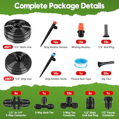 240FT Drip Irrigation System for Garden, 2026 Upgraded Quick-Connect Automatic Garden Watering System with 1/2" & 1/4" Tubing and Adjustable Nozzle Emitters for Greenhouse, Yard, Lawn, Raised Bed - size: 240FT（40FT 1/2" Main Line +200FT 1/4" Tube）