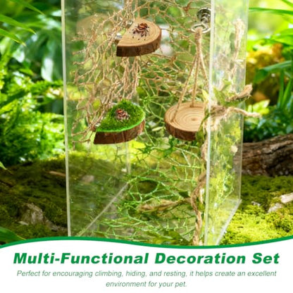 Jumping Spider Habitat Decor Set, 7-Piece Enclosure Climbing Kit | Includes 2 glitter webs, 3 wood platforms, 1 swing, and 1 rope bridge for climbing, resting, and styling enclosures
