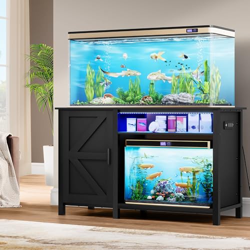YITAHOME Aquarium Stand with Power Outlets, Black | 55-75 Gallon Fish Tank Stand, Cabinet with RGB Light Strip Suitable for Turtle Tank, Reptile Terrarium, 900LBS Capacity