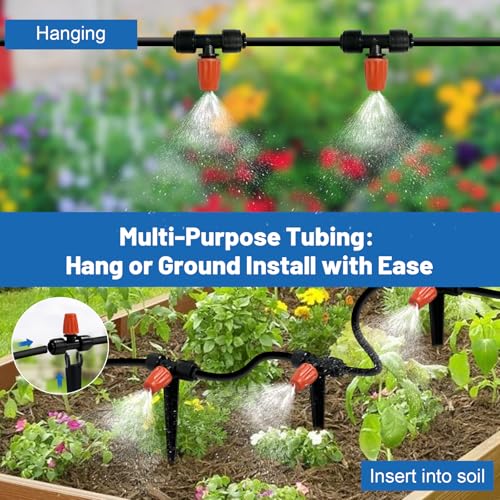 Misting Drip Irrigation System for Garden Watering,Raised Bed 60FT | Quick-Connect Micro Mist Kit for Greenhouse,Plant,Vegetable,Flower. Hanging or Inground Sprinkler,Sistema De Riego Por Goteo - size: 60FT