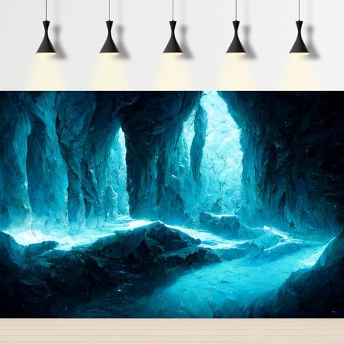 Rock Cave Aquarium Background Futuristic Sci-Fi Cave with Cyan Crystals Lights Terrarium Backgrounds Abstract Cyan Rock Cave Fish Tank Background Cave with Sunbeams Reptile Tank Backgrounds 36x18in - color: Blue, size: 36(W)x18(H)inches/ 90(W)*45cm(H)