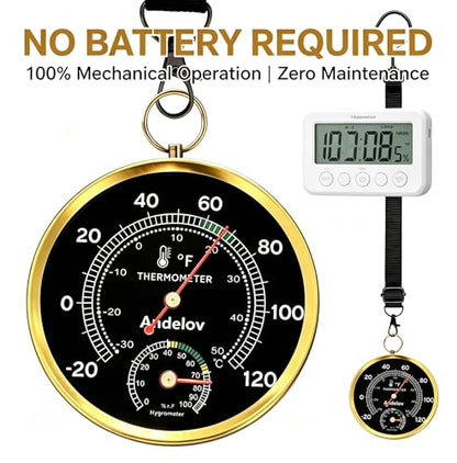 Analog Thermometer Hygrometer with Lanyard, -22°F to 122°F / 0-100% RH, Battery-Free Mechanical Temperature Humidity Monitor for Home,Pet Room, Farm, Garden & Greenhouse