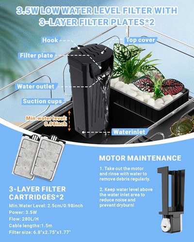 GOZILLA Small Turtle Tank with Filter, Acrylic Aquarium Turtle Tank Starter Kit with Multi-Functional Areas for Turtles, Hermit Crabs, Crayfish, Small Reptiles. (Black)
